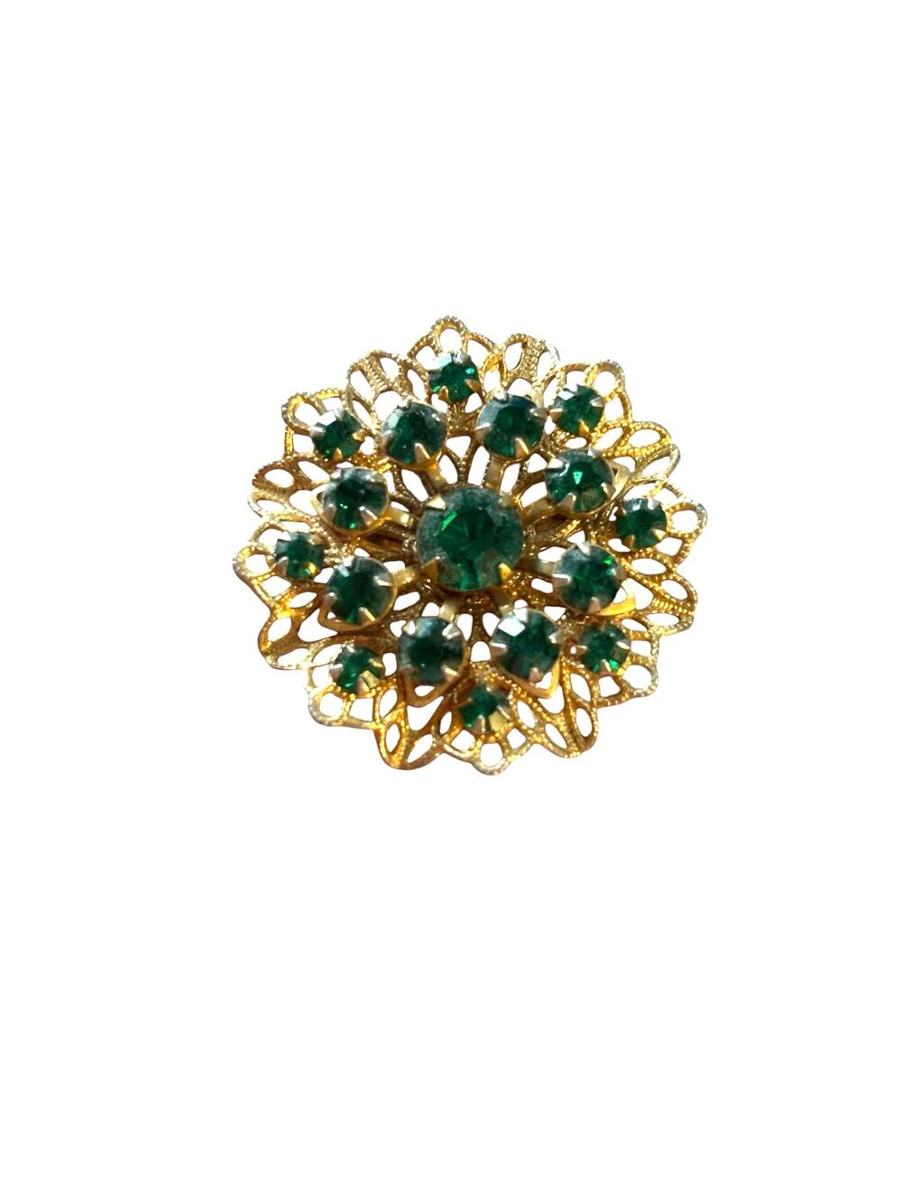 Vintage Green Rhinestone Brooch Gold Tone Filigree Floral Pin Mid Century
